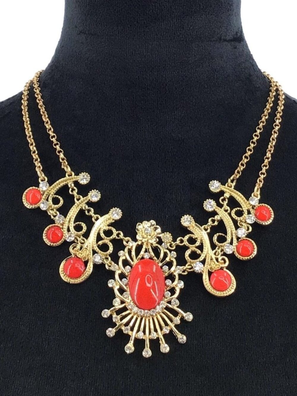 You and I Statement Necklace Set Dangle Earrings Gold Tone Coral Crystal Accent